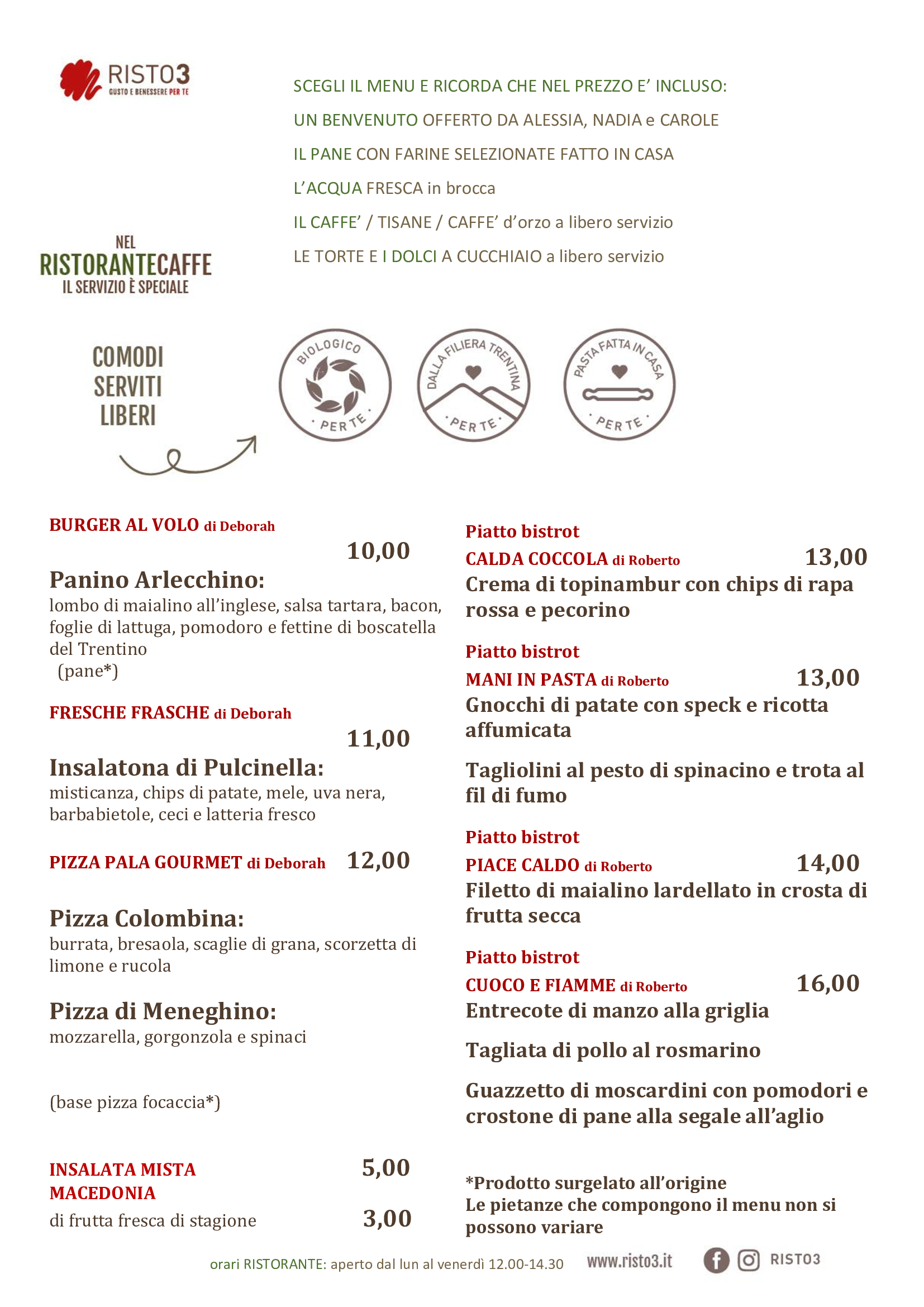 MENU Ristoranti serviti Risto3 di Trento DAL 10 al 21 febbraio